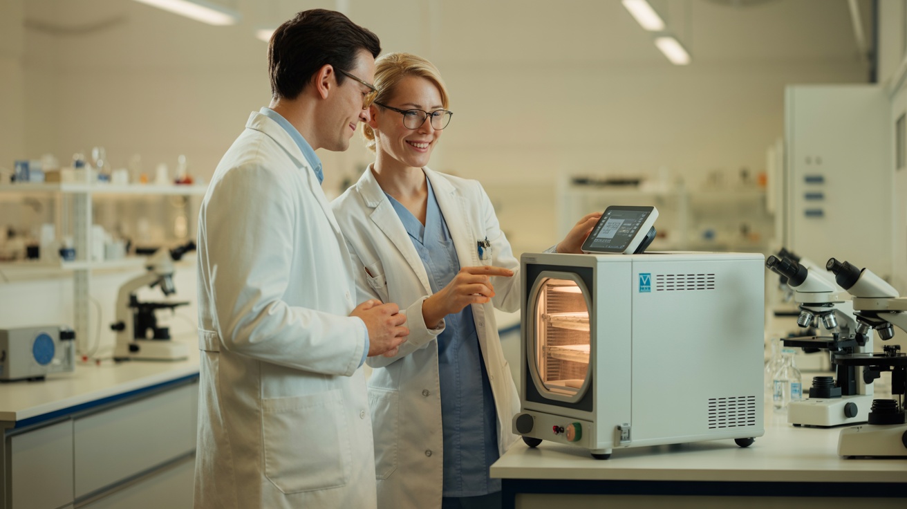 Lab professionals discussing equipment